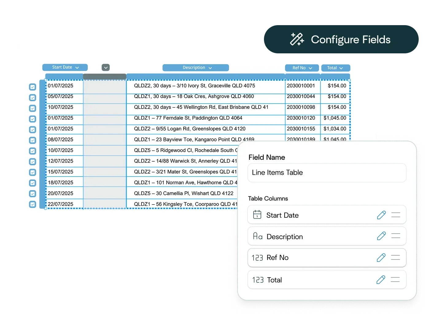 Affinda platform configuration interface for document-to-table extraction