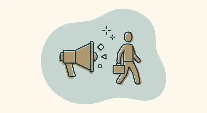 Megaphone broadcasting AI job predictions with a person walking away with a briefcase