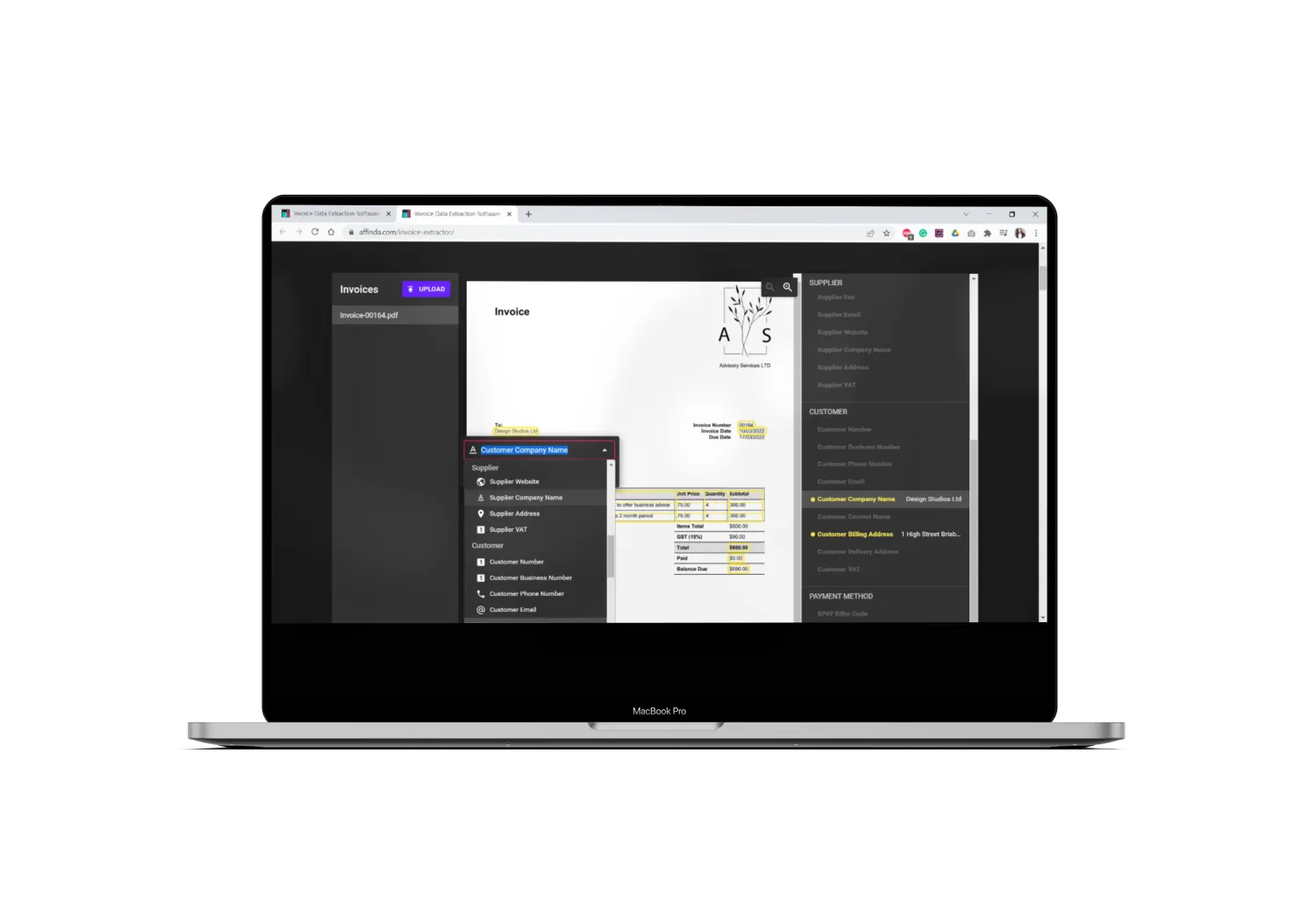 Mockup showing invoice being analyzed using invoice recognition software